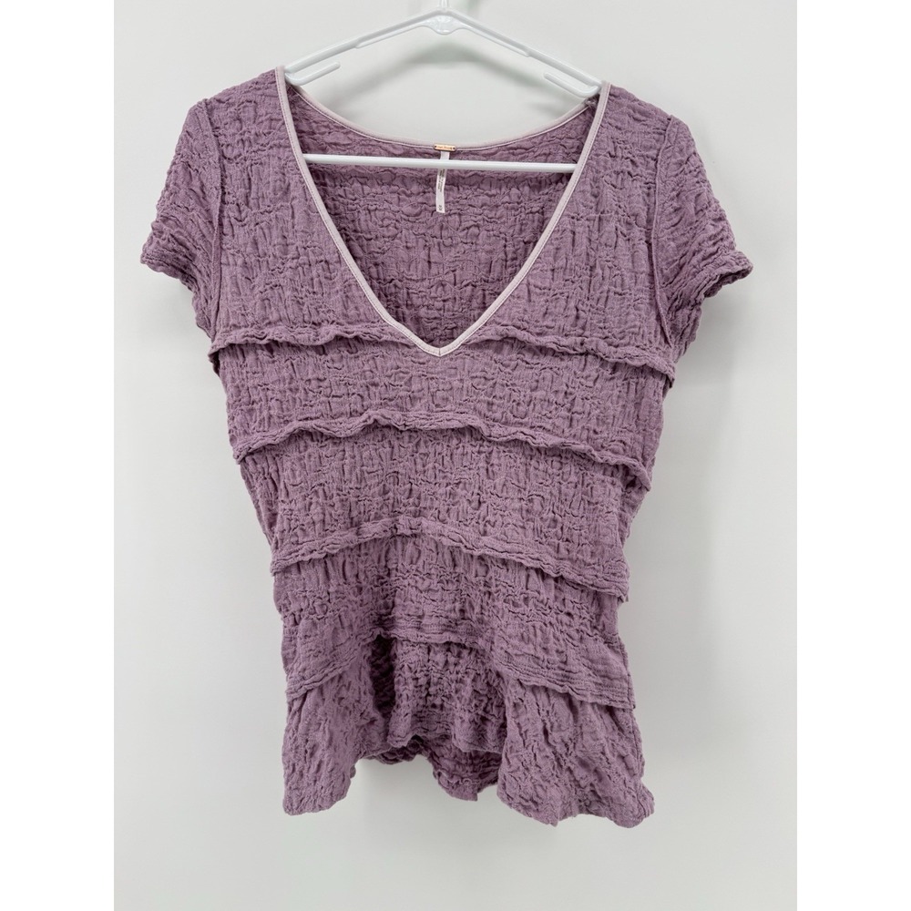 Free‎ People Anthropologie Krystal Lavender Ruffle cap sleeve T Shirt Top Sz M